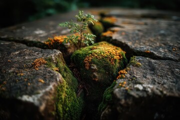 New life emerges from cracks in ancient stone forest nature photography close-up view resilience