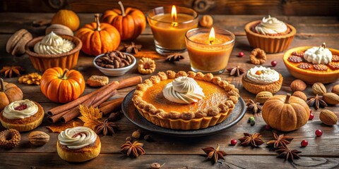 Fototapeta premium A Festive Autumnal Table Setting with a Pumpkin Pie, Mini Pies, and a Warm, Cinnamon-Scented Ambiance