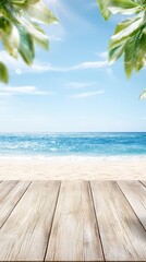Fototapeta premium Wooden Table on a Beach with Palm Leaves and Ocean View