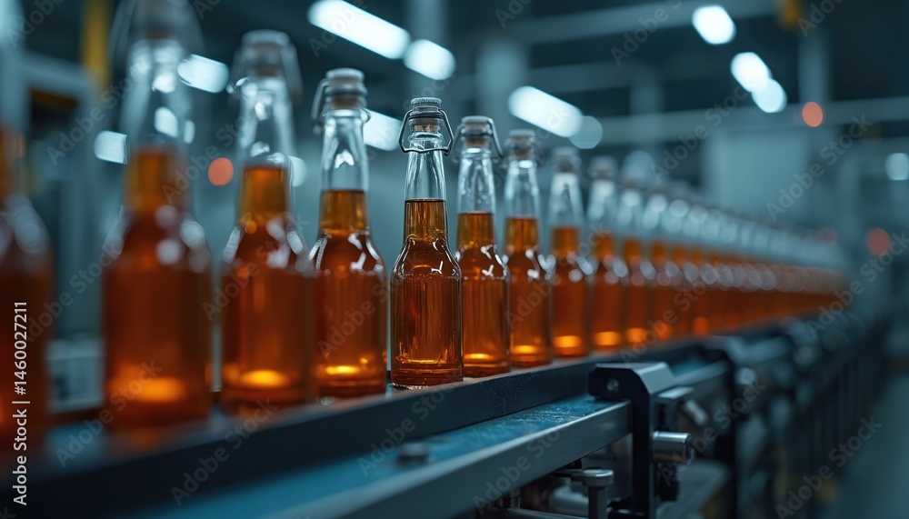 Poster industrial automation drinks bottles on conveyor belt in factory production line. brewery beverage b