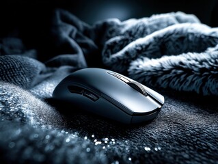 Dark gray computer mouse on textured fabric in low-light setting