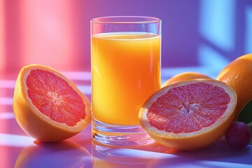 Glass of orange juice with grapefruit and bread over gradient pink to purple background captured for citrus breakfast layout and beverage stock photo composition in vibrant morning contrast setup,
