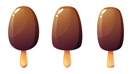 Ice cream on a wooden stick, popsicle, plombir. Set of ice cream with glaze with dark chocolate, different shapes. Chocolate summer dessert. Summer theme design.