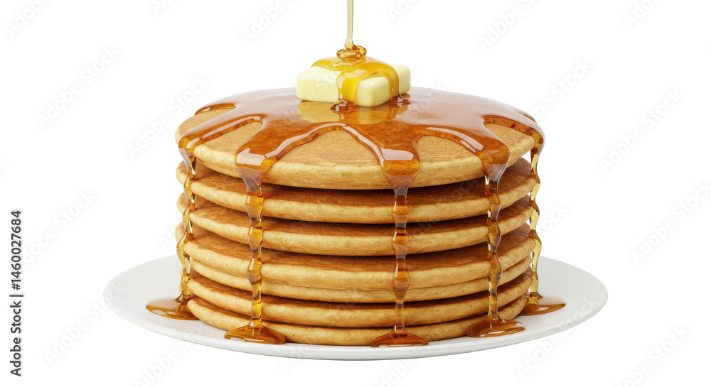 Poster a stack of pancakes topped with butter and syrup on a white plate against a blurred background image