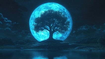 Fototapeta premium Mystical night, glowing moon, solitary tree