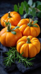 Obraz premium Mini Pumpkins with Rosemary on Dark Fabric Background, Autumn Harvest Still Life Composition