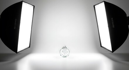 Simple product photography setup with softbox lights and a white background, showing a small product being photographed