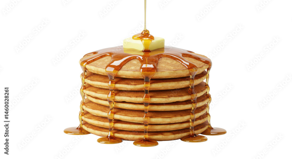 Poster a stacked pile of pancakes drizzled with syrup and topped with butter in a close up studio shot view