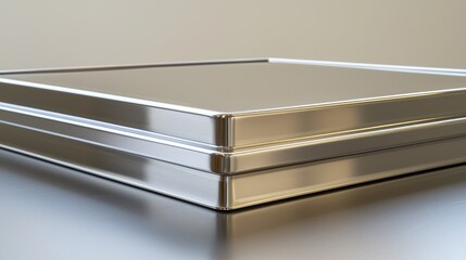 Close-up view of a metallic, square container.