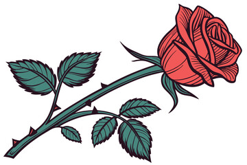 55 Detailed illustration of a single red rose, vibrant crimson petals, intricate shading, sharp vector style, botanical art, dark green stem, deep red leaves, high contrast, elegant floral design, tat