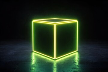 Neon cube on dark reflective surface
