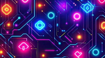 Abstract circuit board pattern with vibrant neon lights