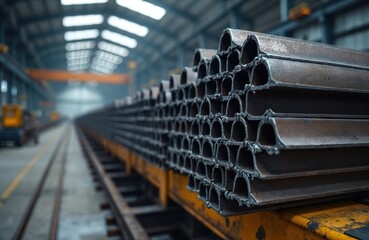 Naklejka premium Stack of metal profiles in industrial plant. Warehouse production of steel metal structures. Steel beams ready for construction. Factory interior, workshop. Industrial manufacturing business concept.