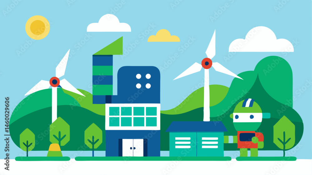 Poster ecofriendly factory a factory powered by solar panels and wind turbines with robots working alongsid