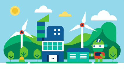 EcoFriendly Factory A factory powered by solar panels and wind turbines with robots working alongside greenery showcasing sustainable practices.