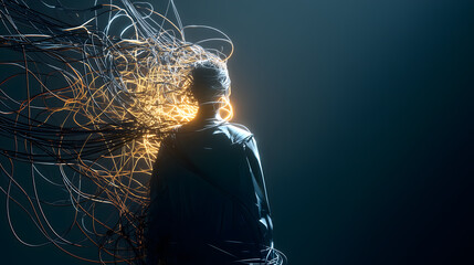A person stands amid a tangle of glowing and dark wires radiating from their head, visualizing a futuristic or cybernetic interpretation of thought and consciousness.