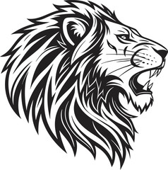 Black and white illustration of a roaring lion head, Detailed Lion Head Illustration in Black and White, a lion head roaring with its mouth open in a simple look a logo silhouette vector illustration