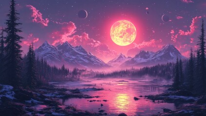 Pink moonrise over snowy mountains, tranquil lake, fantasy landscape