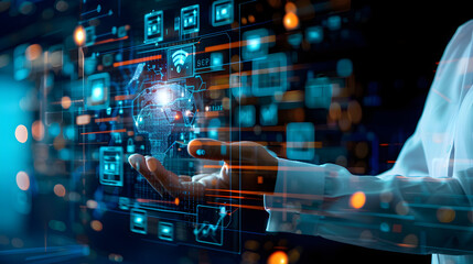 Person holding digital globe with glowing icons in a futuristic interface setting