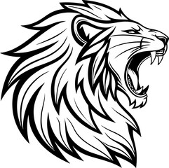 Black and white illustration of a roaring lion head, Detailed Lion Head Illustration in Black and White, a lion head roaring with its mouth open in a simple look a logo silhouette vector illustration