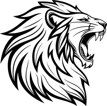 Black and white illustration of a roaring lion head, Detailed Lion Head Illustration in Black and White, a lion head roaring with its mouth open in a simple look a logo silhouette vector illustration