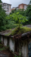 Fototapeta premium Tree Growing on a Dilapidated Building Roof in an Overgrown Urban Environment