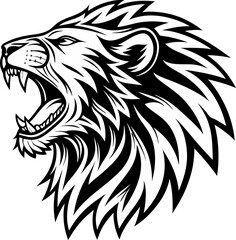 Black and white illustration of a roaring lion head, Detailed Lion Head Illustration in Black and White, a lion head roaring with its mouth open in a simple look a logo silhouette vector illustration