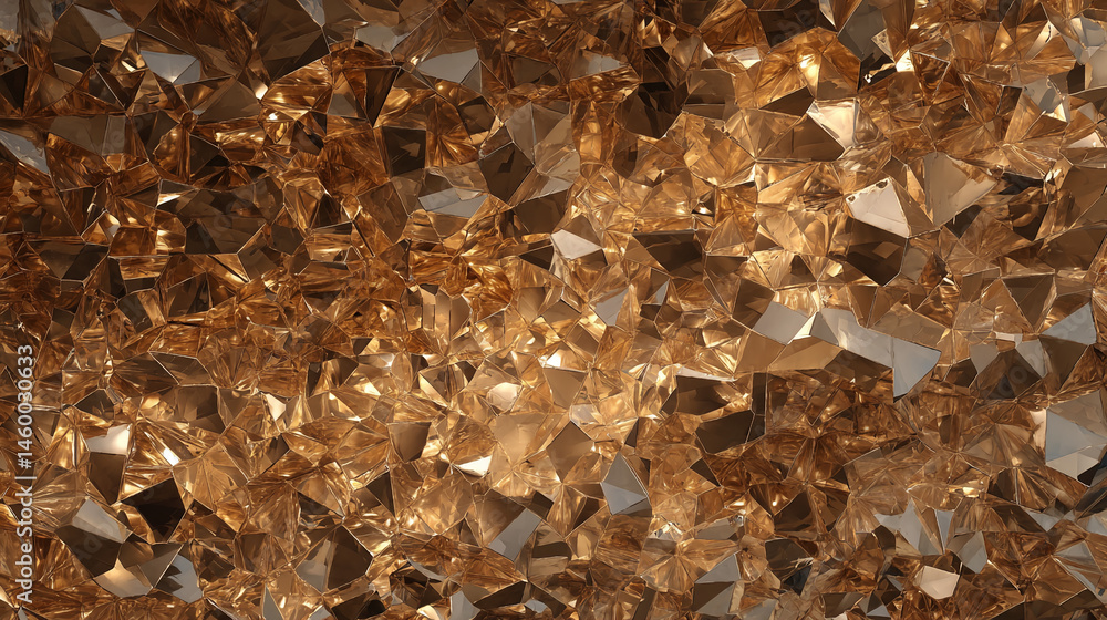 Poster golden crystal texture,faceted geometric shapes create a luxurious, shimmering effect suitable for b