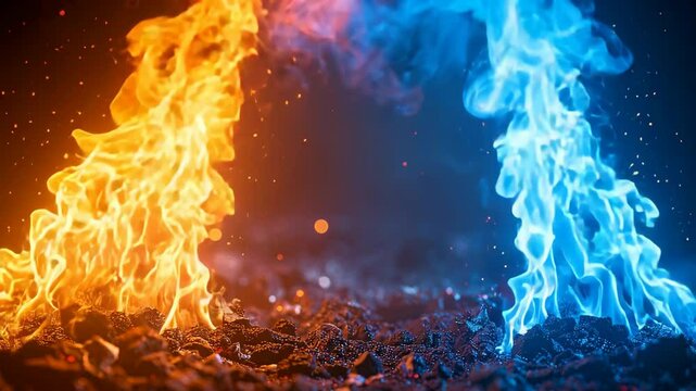 Electric energy clash with glowing red and blue lightning in motion