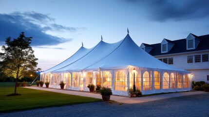 Elegant Outdoor Wedding Tent at Dusk - A large, illuminated white wedding tent stands majestically on a manicured lawn at twilight, adjacent to a charming house. Perfect for event planning