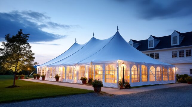 Elegant Outdoor Wedding Tent at Dusk - A large, illuminated white wedding tent stands majestically on a manicured lawn at twilight, adjacent to a charming house. Perfect for event planning