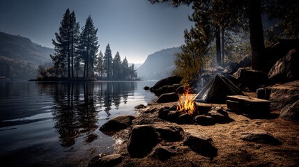 Dark tent and campfire by lakeshore with rocks, island, mountains, and calm water scene