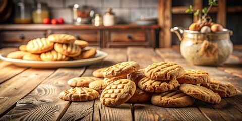 A close-up shot of a stack of freshly baked cookies sitting on a rustic wooden table, with a plate of cookies and a rustic pot in the background.