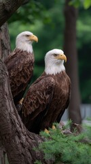 Obraz premium Two Majestic Bald Eagles Perched on a Tree Branch in a Forest Setting