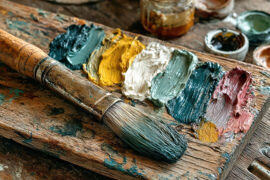 Painting techniques unveiled a colorful palette in an art studio creative environment close-up view