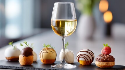 Obraz premium Elegant Wine and Pastry Pairing - A glass of white wine sits alongside an assortment of delectable mini pastries, perfect for an afternoon tea or sophisticated event