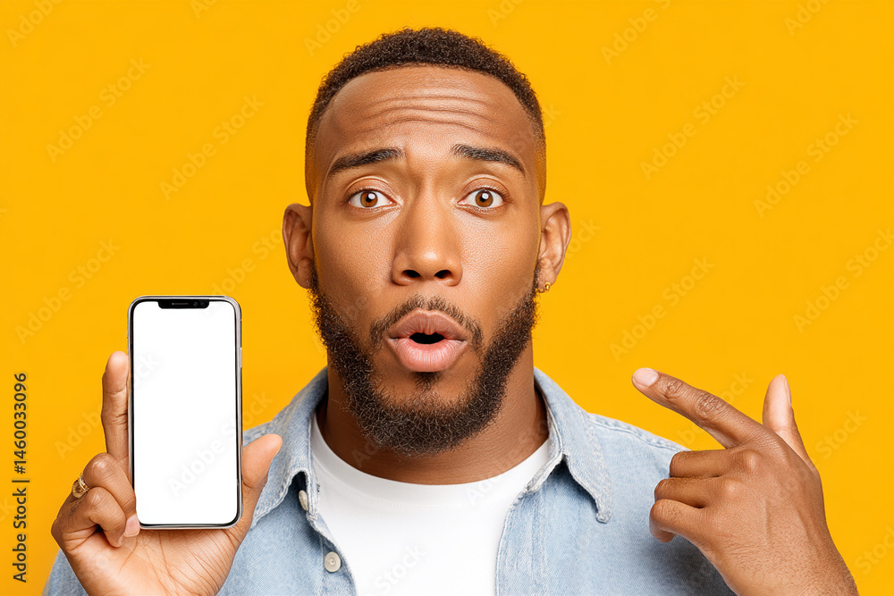 Poster surprised businessman holding smartphone with blank screen pointing finger on it against yellow back