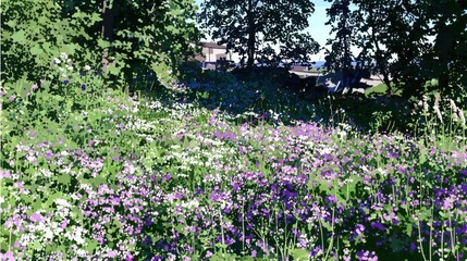 Dense wildflower field with purple and white blooms, green foliage, and distant water and building in digital art style
