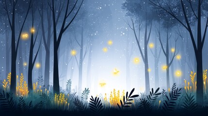 Enchanted Forest Night Sketch - Mystical forest scene at night, glowing fireflies, tranquil atmosphere, magical journey, serene nature