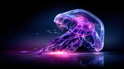 Digital illustration of a glowing purple and blue jellyfish with reflective surface and small fish