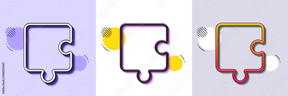 Poster puzzle piece line icon. halftone dotted pattern. gradient icon with grain shadow. jigsaw game shape 