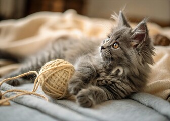 A grey kitten playing with a yarn ball on a soft blanket