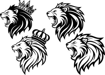 logo, lion head icon, in black on a white background, outline, Stylized black and white lion head illustration with detailed mane and fierce expression Roaring Lion Head Illustration Black White
