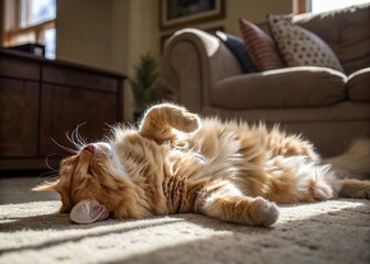 A relaxed orange Maine Coon cat basking in the sunlight on a carpet