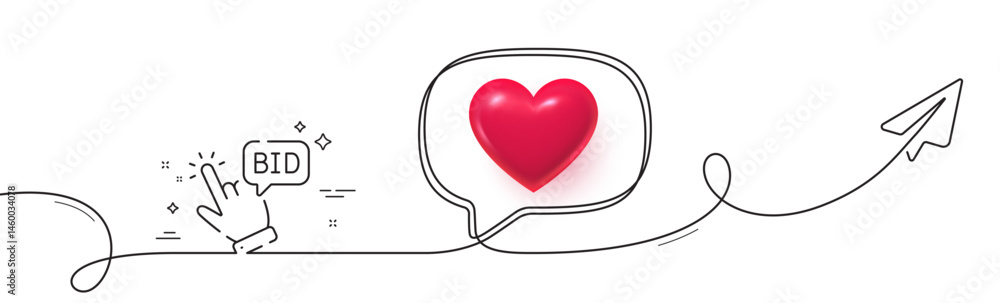 Poster bid offer line icon. continuous line with share plane. auction sign. raise the price up symbol. 3d h