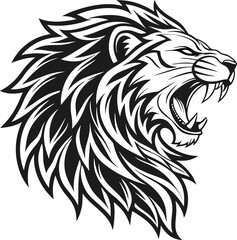 Stylized black and white lion head silhouette illustration with intricate mane details black illustration of two lion heads showing strength and power on a white background Detailed Lion Head