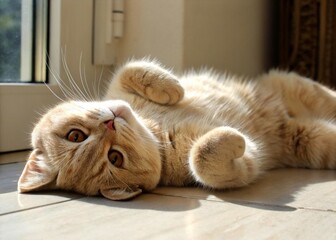 Happy Orange Tabby Cat Relaxing in Sunlight
