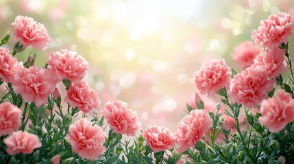 Delicate pink flowers bloom vibrantly, bathed in soft sunlight, creating a serene natural scene