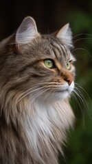 Fototapeta premium Majestic brown tabby cat portrait gazing forward in outdoor setting with striking green eyes and luxurious long fur highlighting feline beauty