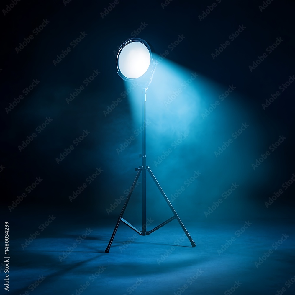 Poster studio lighting setup: illuminated stage with spotlight effect in deep blue, creating a dramatic sce